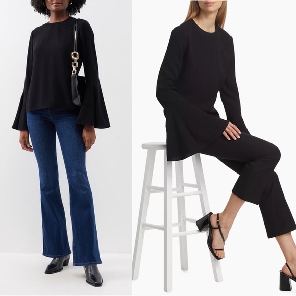 NWT L’AGENCE Silk Crepe De Chine Flutter Bell Long Sleeve Embroidered Trim Top S - Picture 1 of 4